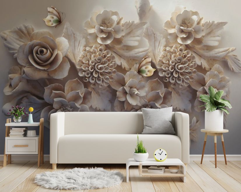 3D Look Faux Embossed Floral Wallpaper Mural