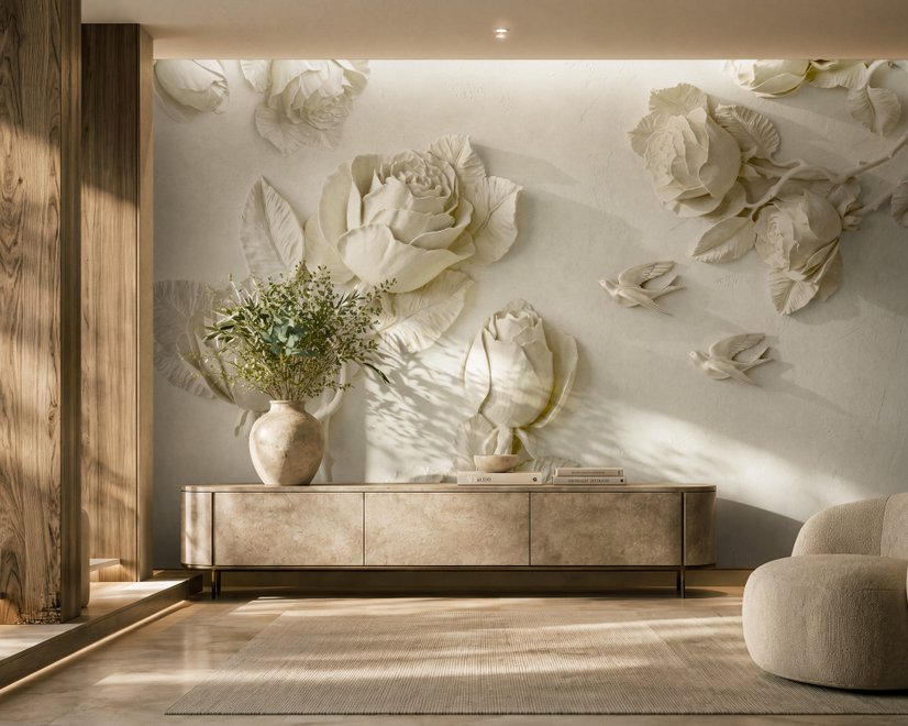 3D Embossed Look Rose Sculpture Wallpaper Mural