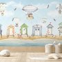 Aquarelle maison de plage pour enfants avec montgolfières