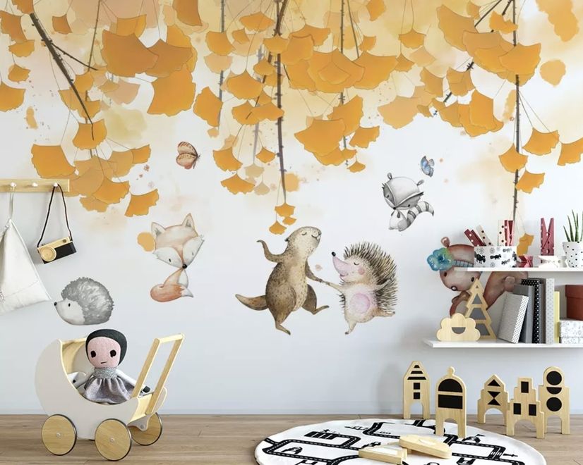 Autumn Leaves with Cartoon Animals Wallpaper Mural