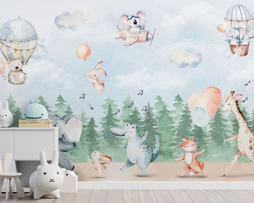Papier peint animaux mignons dansant dans la forêt pour enfants