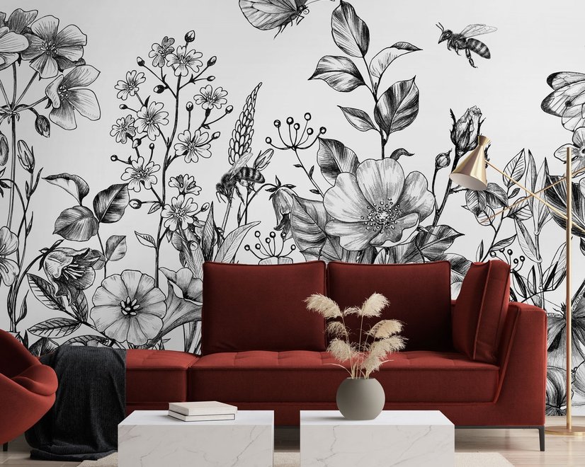 Schwarz-Weiß Blumen Fototapete