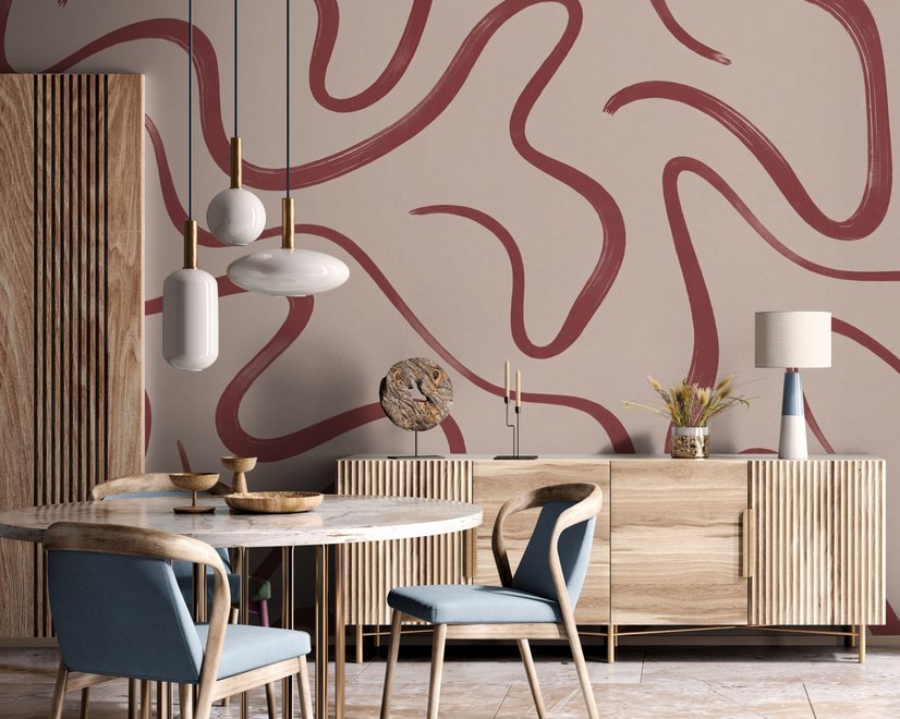 Burgundy-red looping contour lines on blush cream pink wallpaper mural