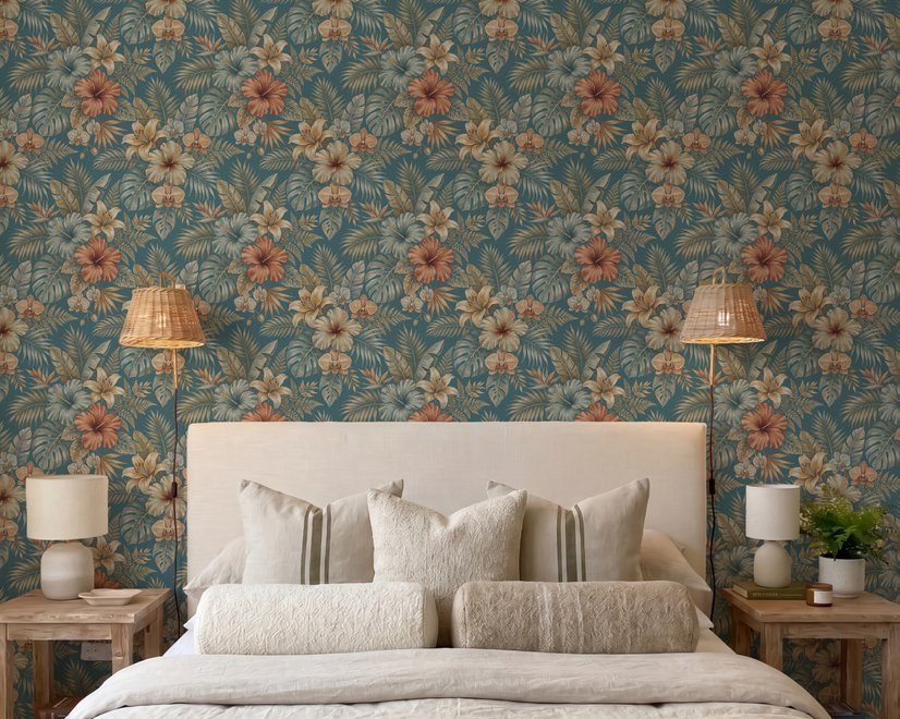 Blue tropical wallpaper with hibiscus, orchids, lilies, monstera leaves and palm fronds on a deep teal-blue ground