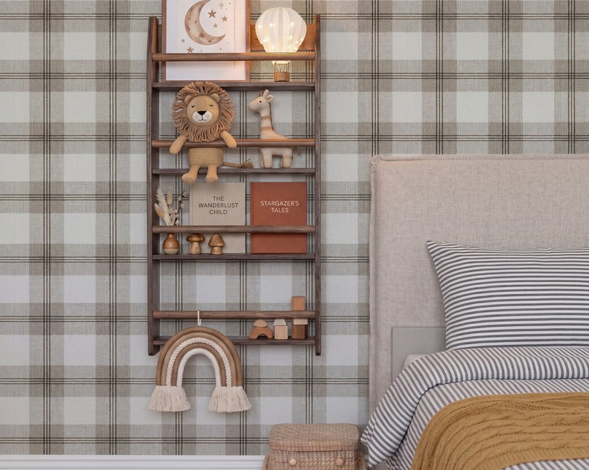 Neutral beige and brown plaid wallpaper with cream squares, taupe woven blocks and fine dark brown lines