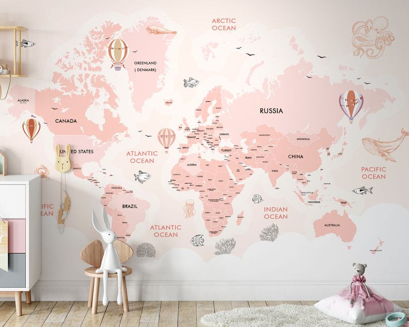 Kids Girls Cartoon Pink World Map Wallpaper Mural