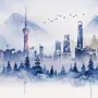Watercolor Skyscraper Landscape Wallpaper Mural