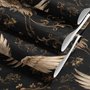 Ivory cranes and antique gold lotus flowers on charcoal-black Japanese lotus wallpaper