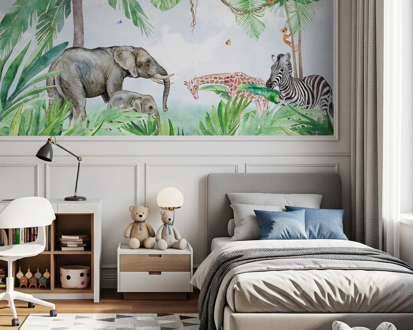 Kids Tropical Forest with Cute Safari Animals Wallpaper Mural