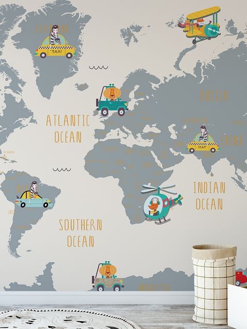 Kinderweltkarte mit kleinen Autos Fototapete