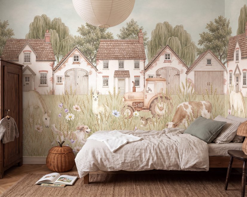 Watercolour farmhouse animal wall mural with cottages, horse, cow, tractor and wheat meadow