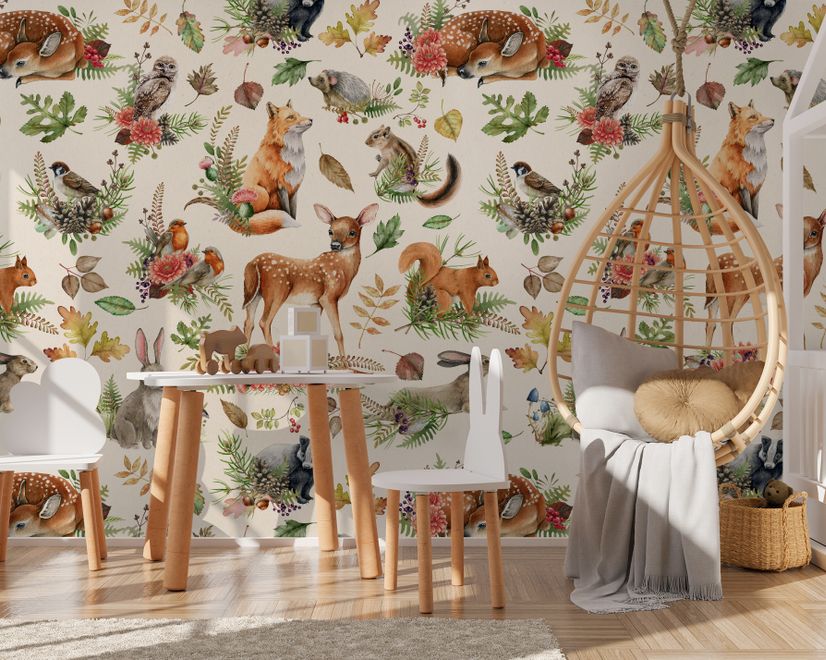 Nursery Watercolor Cute Forest Animals Pattern Wallpaper Mural