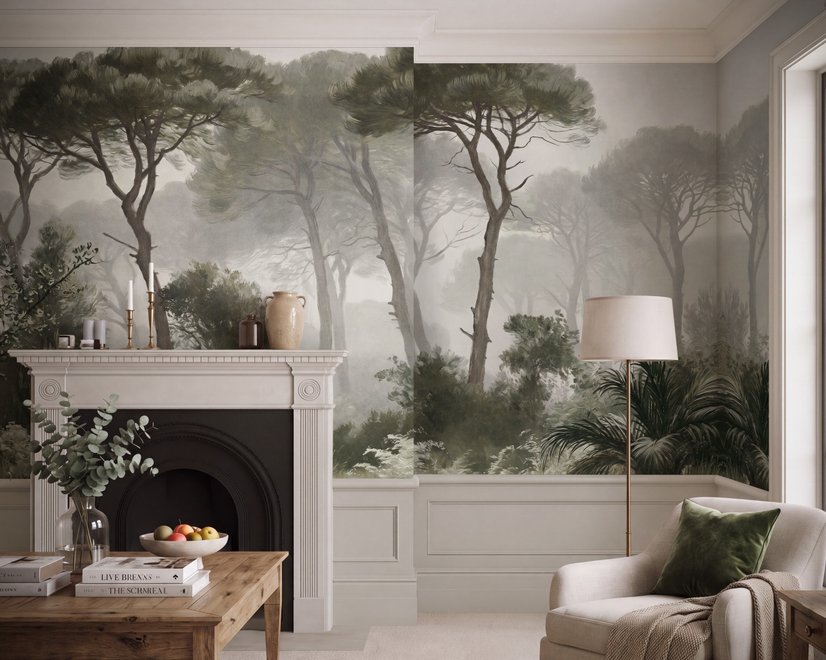 Forest in fog wallpaper with tall pine trees, grey mist, shrubs and a spiky palm in watercolour.