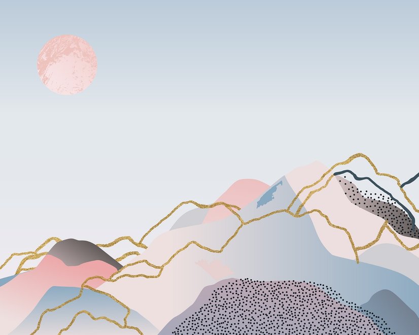 Papier Peint Panoramique Montagne Colorée avec Soleil Rose