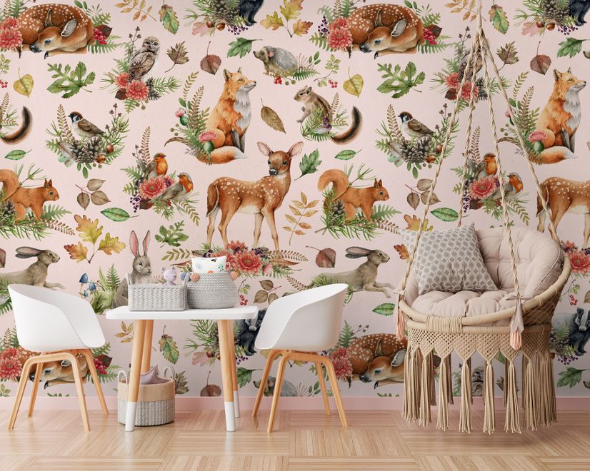 Nursery Watercolor Cute Forest Animals Pattern Wallpaper Mural