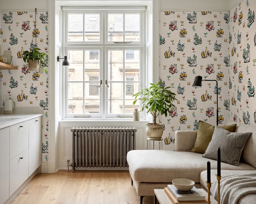 Bar area wallpaper with hand drawn cocktails, liquor bottles, citrus and fruit bowls on warm cream