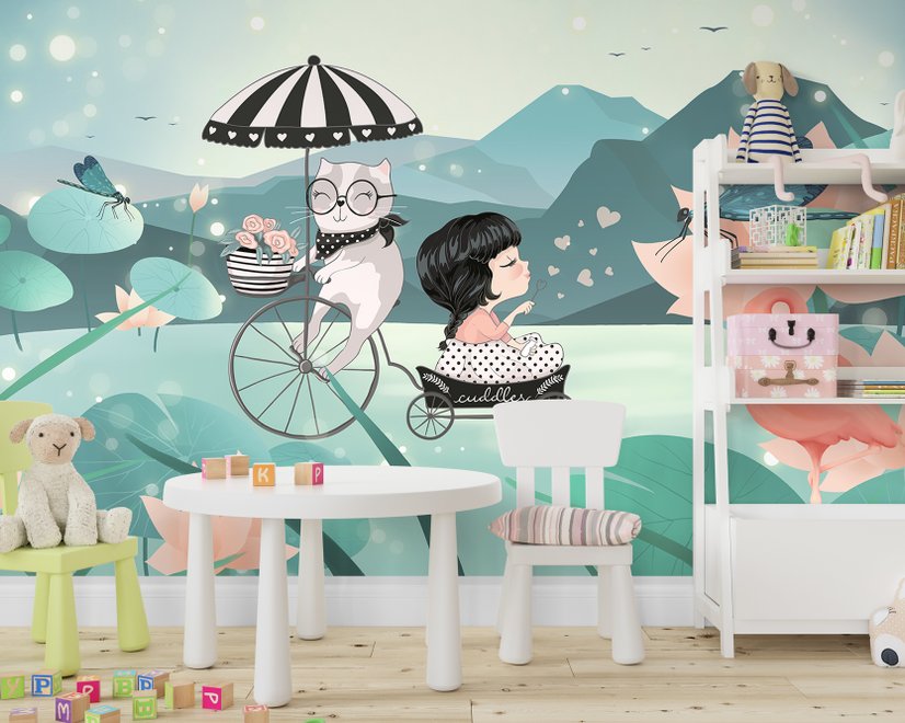Papier peint panoramique dessin animé petite fille avec chat et lotus rose pour chambre de filles