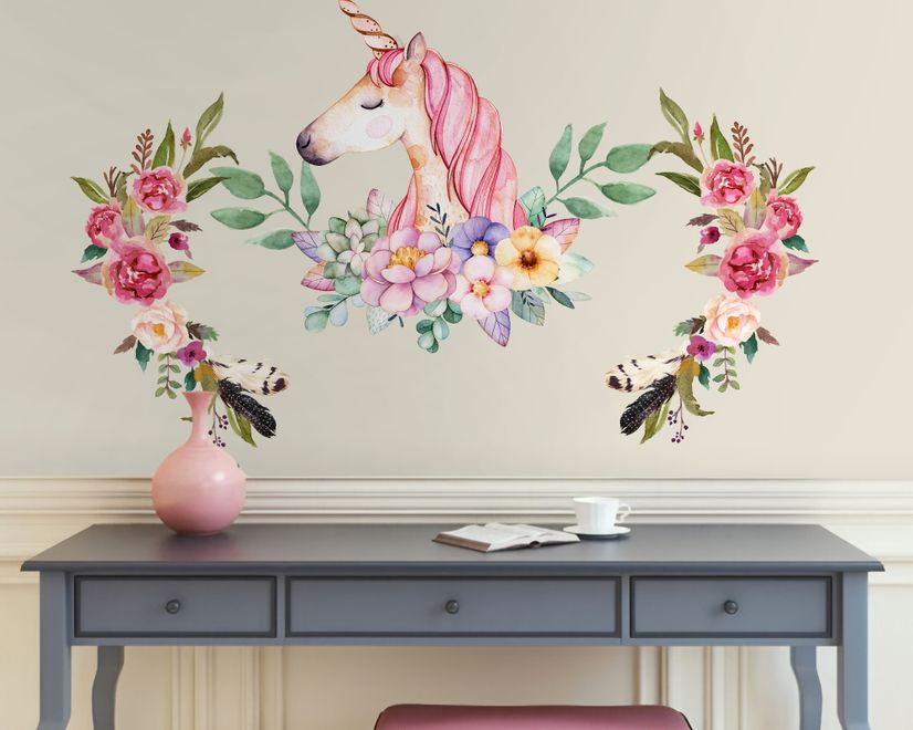 Kinder Pinkes Einhorn mit Bunten Blumen Wandtattoo