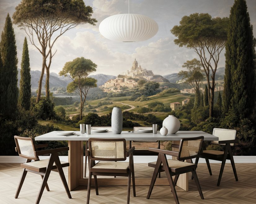 Vintage oil painting wallpaper of cypress trees, villas and a domed cathedral in an Italian landscape