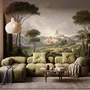Vintage oil painting wallpaper of cypress trees, villas and a domed cathedral in an Italian landscape