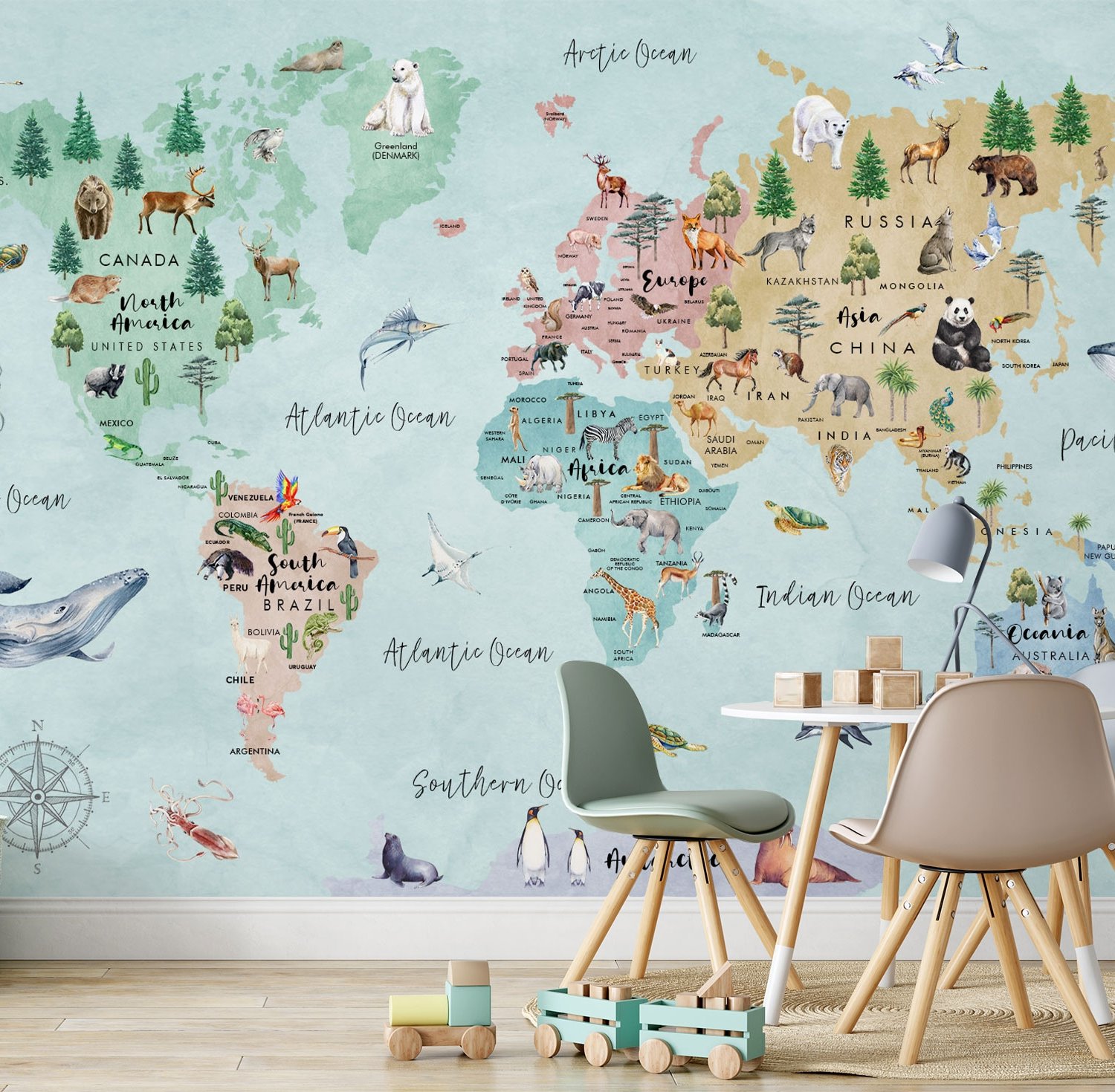 Kids Watercolor World Map Wallpaper Mural - Peel and Stick