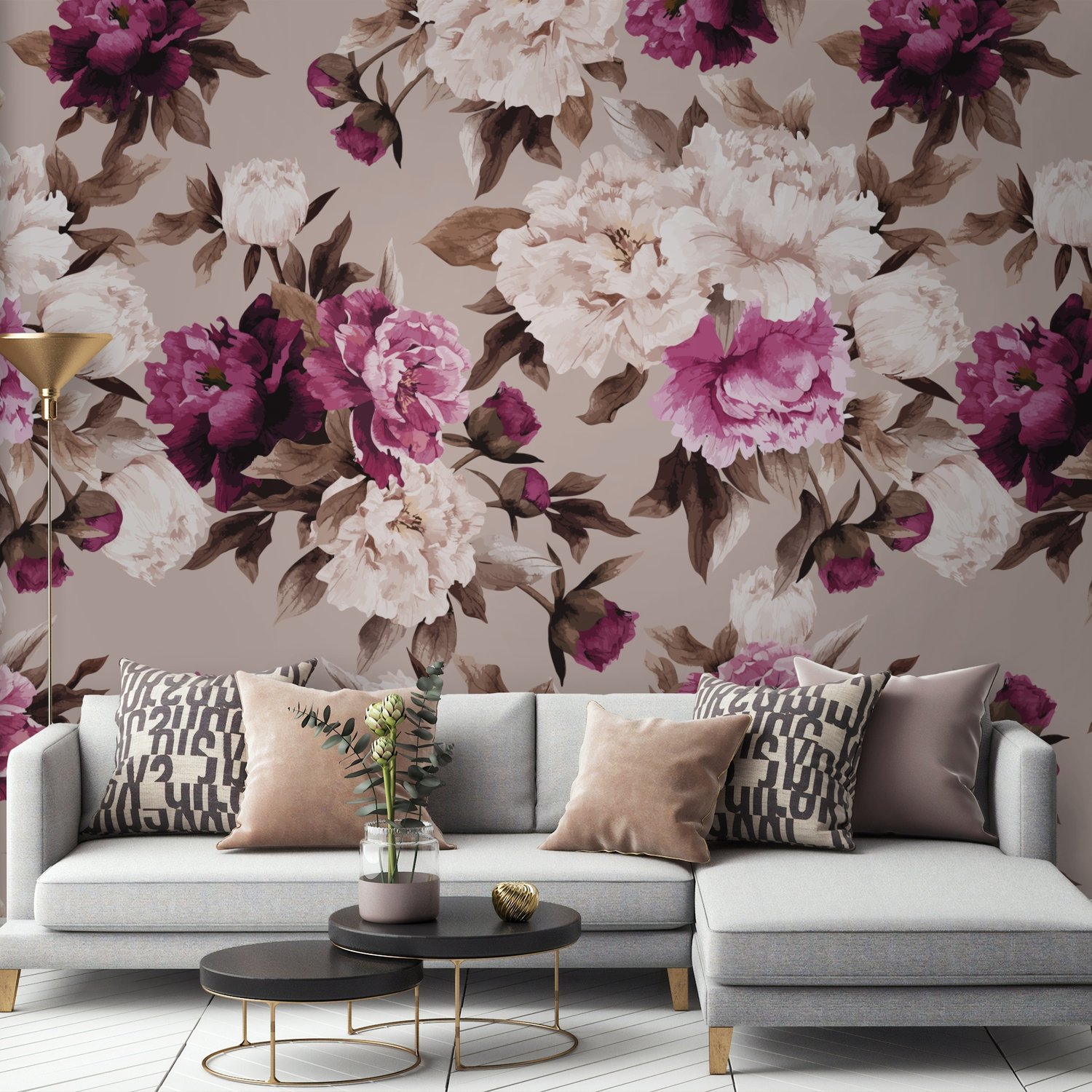 Cream Pink Peony Floral Pattern Wallpaper Mural - Peel and Stick