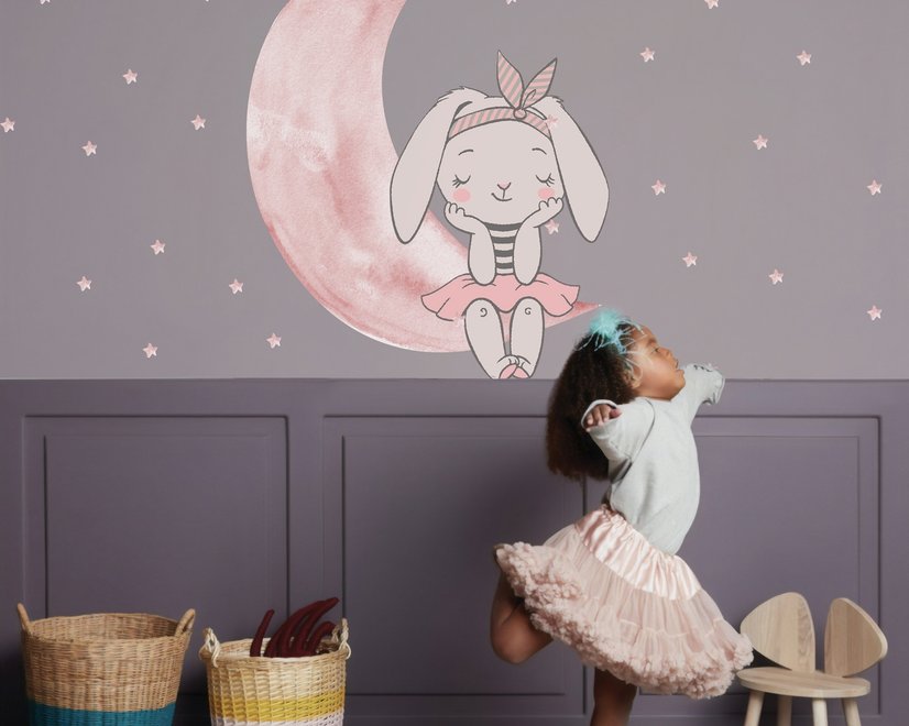 Kids Watercolor Cute Rabbit and Pink Moon with Little Stars Wall Decal Sticker