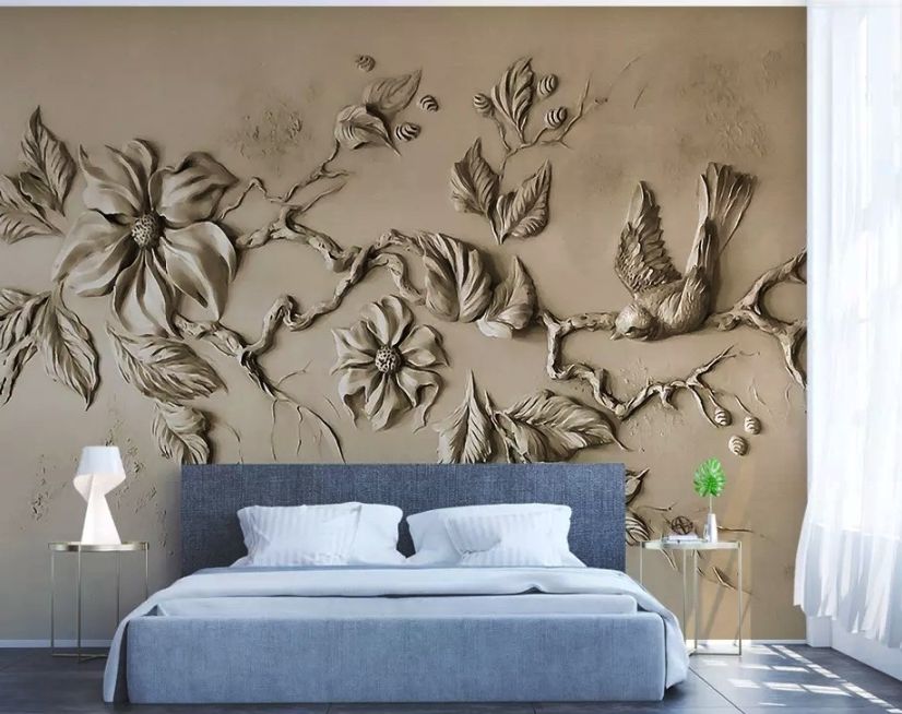 3D Embossed Look Cement Floral Tree Wallpaper Mural