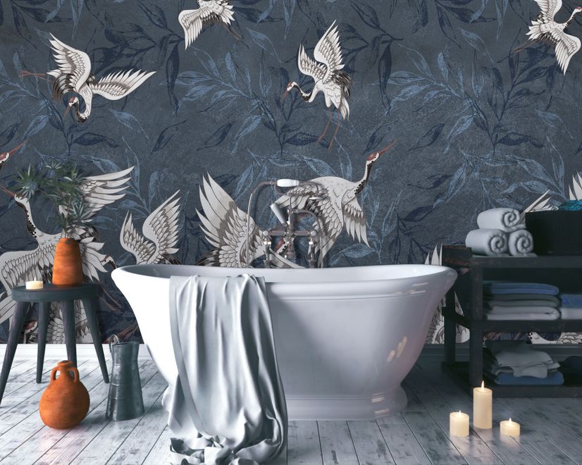 Dark Blue Grunge Style Leaves with Crane Birds Wallpaper Mural