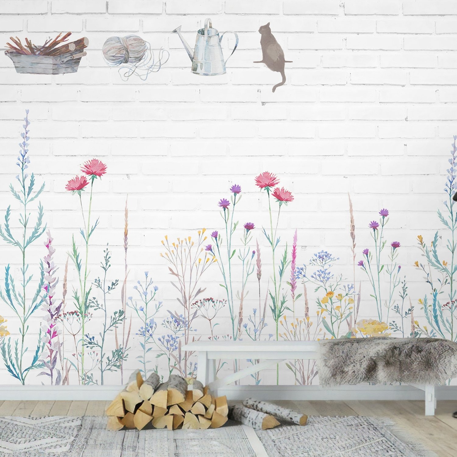 Aquarell Bunte Blumen mit Weißer Ziegelwand Fototapete - Selbstklebende
