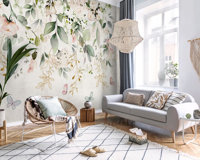 Watercolor Soft Floral with Green Leaves Wall Mural