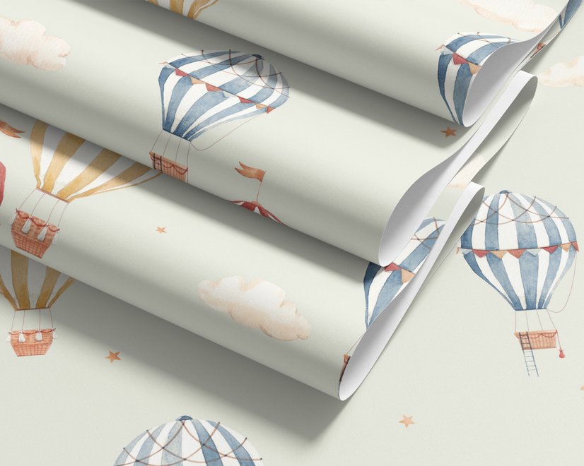 Watercolor blue wallpaper with hot air balloons, cream clouds and peach stars on pale sage green
