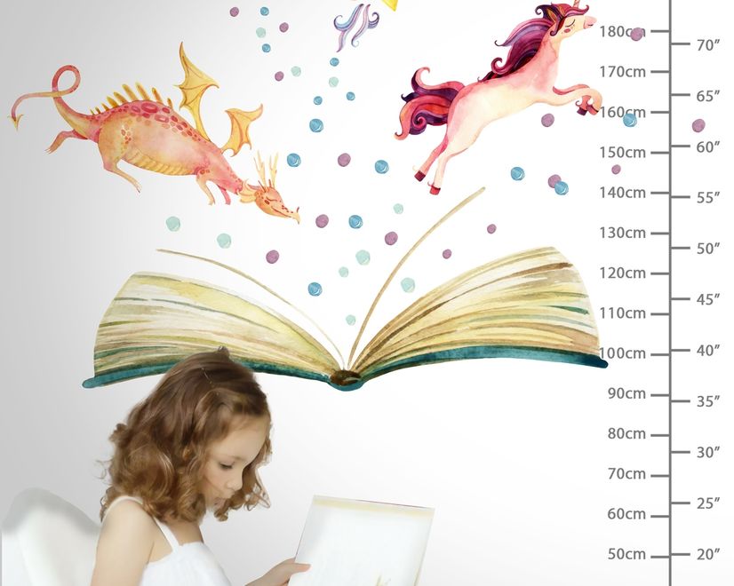Kids Watercolor Unicorn and Dinosaurs in the Storybook Wall Decal Sticker