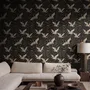 Ivory cranes and antique gold lotus flowers on charcoal-black Japanese lotus wallpaper