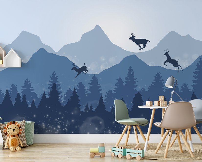 Monochrome Dunkelblauer Schneewald mit Hornsilhouette für Kinderzimmer Fototapete