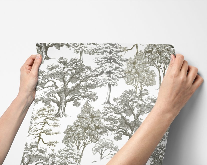 Monochrome wallpaper with grey tree toile on a clean white ground