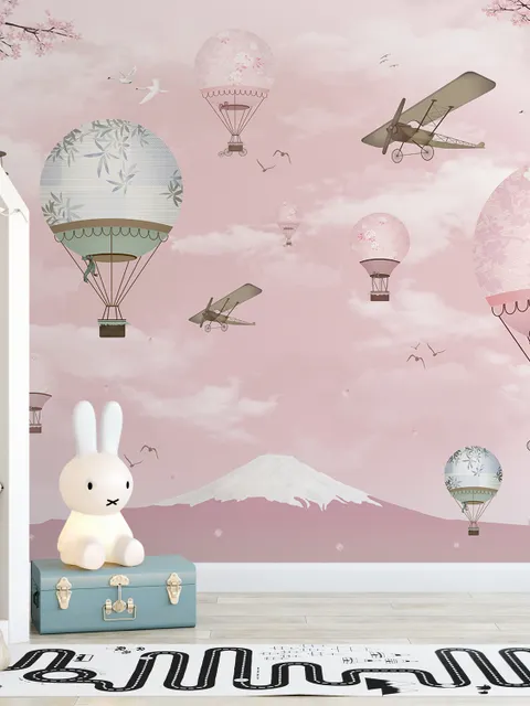 Cherry Blossom with Pink Hot Air Balloon Wallpaper Mural