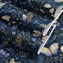 Midnight navy moody botanical wallpaper with lavender butterflies, ivory moons, gold stars, flowers and mushrooms