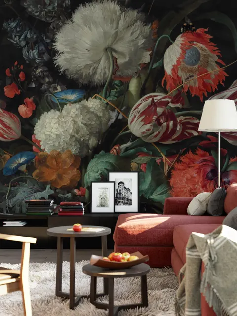 Dark Floral Dutch Bouquet with Tulips Wallpaper Mural