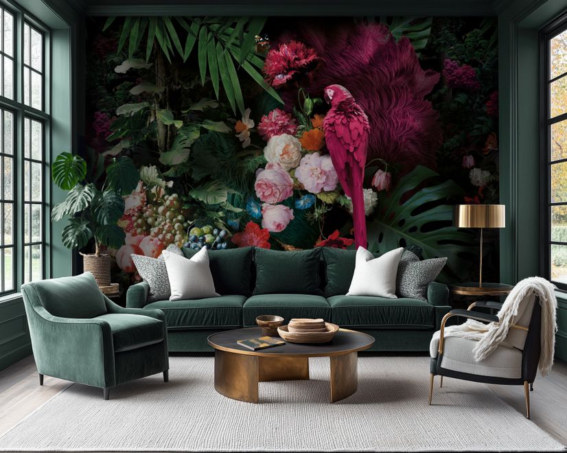 Pink Parrot with Colorful Floral Wallpaper Mural