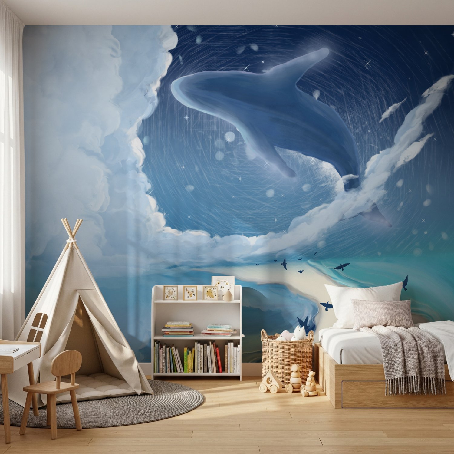 Cartoon Whale with Nightscape Wallpaper Mural - Peel and Stick