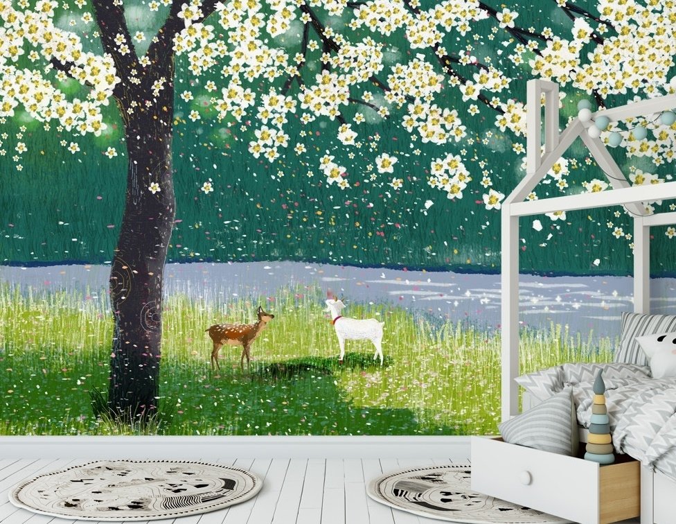 Watercolor Forest with Peach Blossom Wallpaper Mural - Peel and Stick