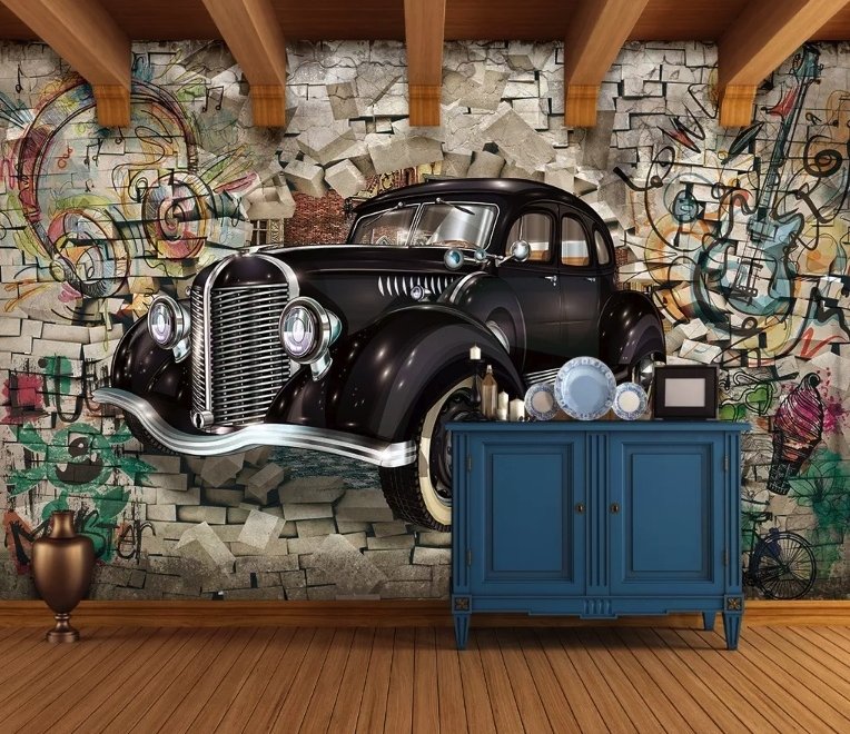 Papier peint panoramique rétro avec voiture classique et graffiti