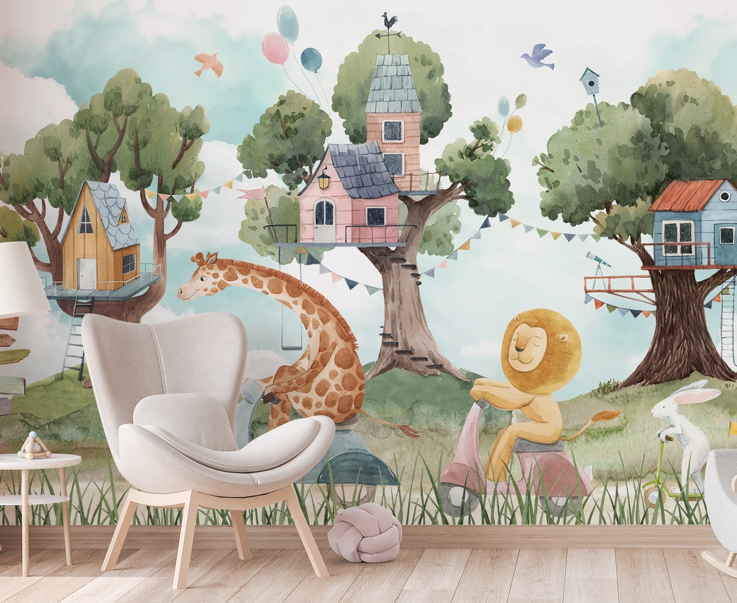 Kids Forest Animals with Treehouse Wallpaper Mural - Peel and Stick