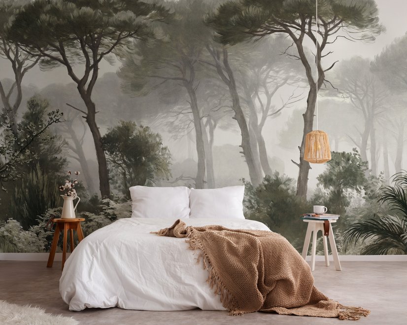 Forest in fog wallpaper with tall pine trees, grey mist, shrubs and a spiky palm in watercolour.