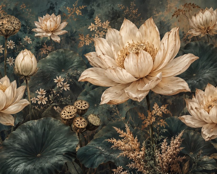 Ivory lotus flowers and seed pods on charcoal teal lily pads in a botanical lotus wallpaper mural