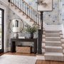 Blue floral wallpaper with watercolour anemone blooms, mint sage leaves and yellow ochre centres on white