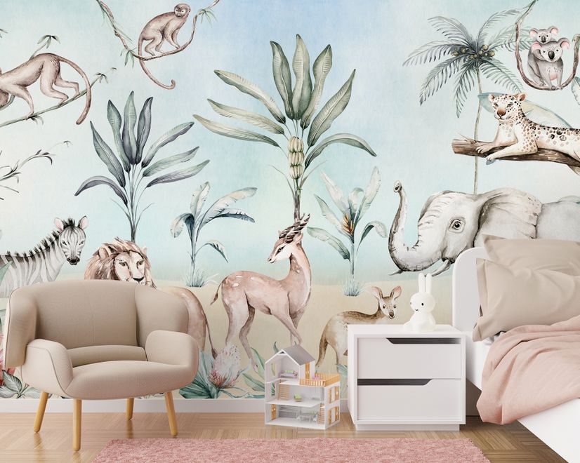 Papier peint panoramique animaux de la jungle avec bananiers et plantes tropicales pour enfants