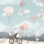 Kids Cute Panda Bicycle with Hot Air Balloon Wallpaper Mural