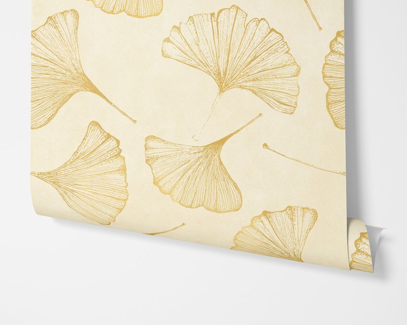 Ginkgo leaf wallpaper with ochre-gold linework on warm ivory and cream parchment ground